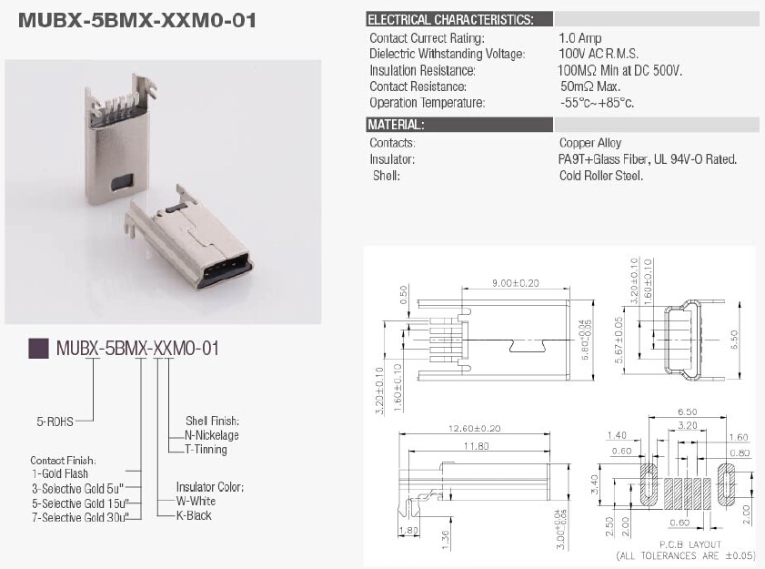 Mini USB Connector on-The-Go (OTG) Mini-B Male SMT